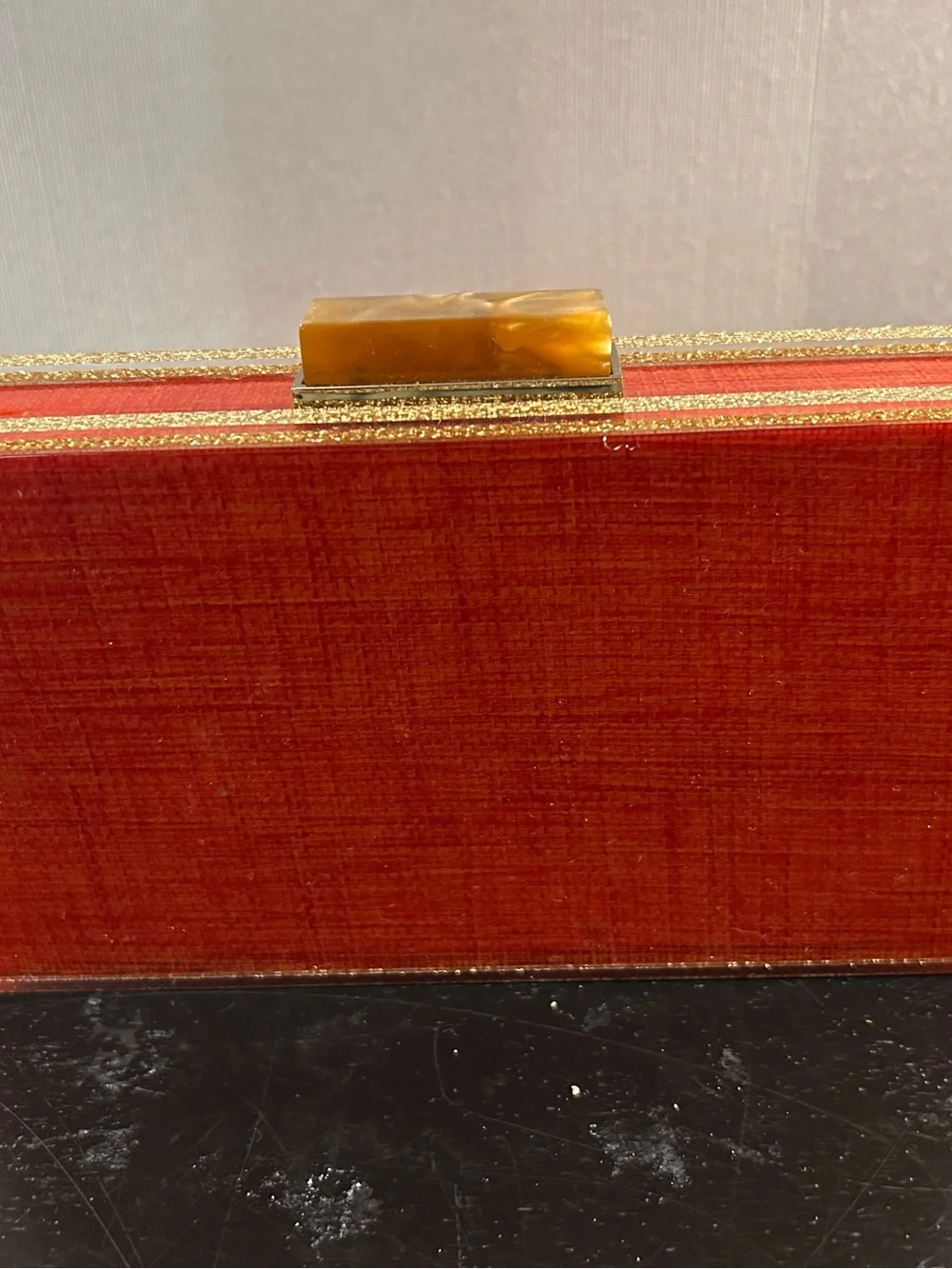 Sondra Roberts Red/Orange Evening Box Clutch with Gold Trim